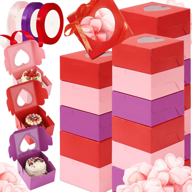 Henoyso 80 Pcs Valentine's Day Cupcake Boxes 4 x 4 x 2.5 Inch Valentine Galentine Bakery Treat with Heart PVC Window Individual Cookie Candy Boxes for Gift Giving Party Favor (Pink,Red,Purple) - Image 1