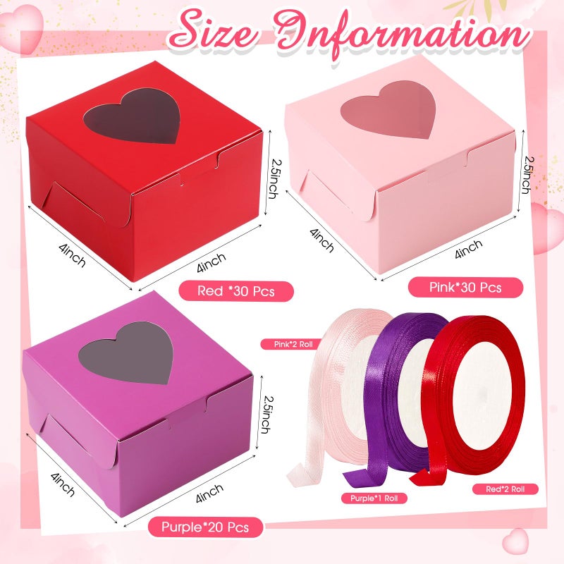 Henoyso 80 Pcs Valentine's Day Cupcake Boxes 4 x 4 x 2.5 Inch Valentine Galentine Bakery Treat with Heart PVC Window Individual Cookie Candy Boxes for Gift Giving Party Favor (Pink,Red,Purple) - Image 2