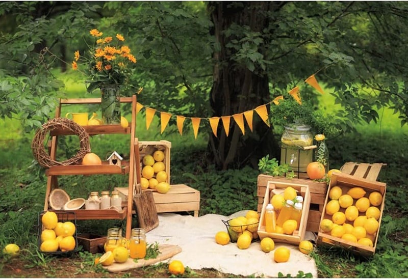 Renaiss 7x5ft Lemon Backdrop for Photoshoot Kids Boys Girls Portrait Summer Green Trees Yard Yellow Flag Lemonade Shop Photography Background Baby Shower Birthday Party Decor Banner Photo Booth Props - Image 1