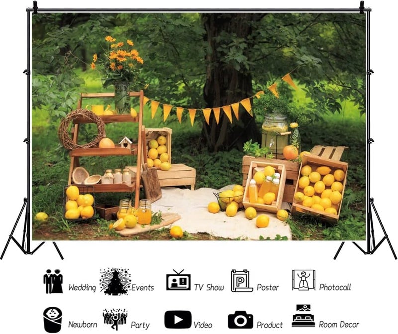 Renaiss 7x5ft Lemon Backdrop for Photoshoot Kids Boys Girls Portrait Summer Green Trees Yard Yellow Flag Lemonade Shop Photography Background Baby Shower Birthday Party Decor Banner Photo Booth Props - Image 2