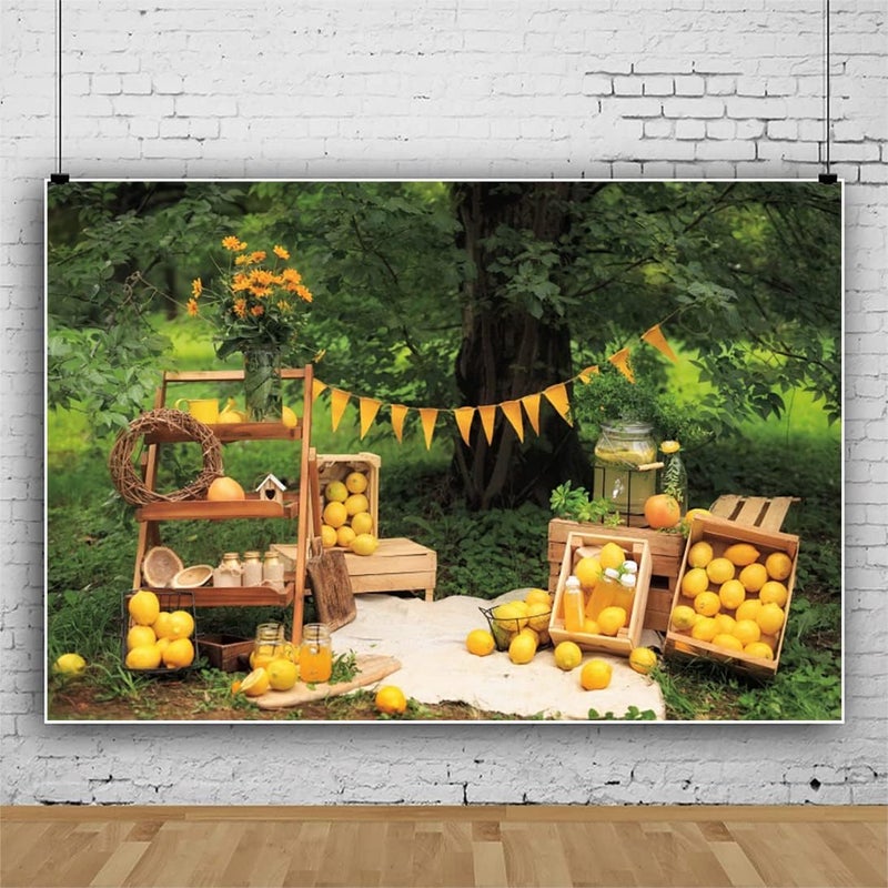 Renaiss 7x5ft Lemon Backdrop for Photoshoot Kids Boys Girls Portrait Summer Green Trees Yard Yellow Flag Lemonade Shop Photography Background Baby Shower Birthday Party Decor Banner Photo Booth Props - Image 3