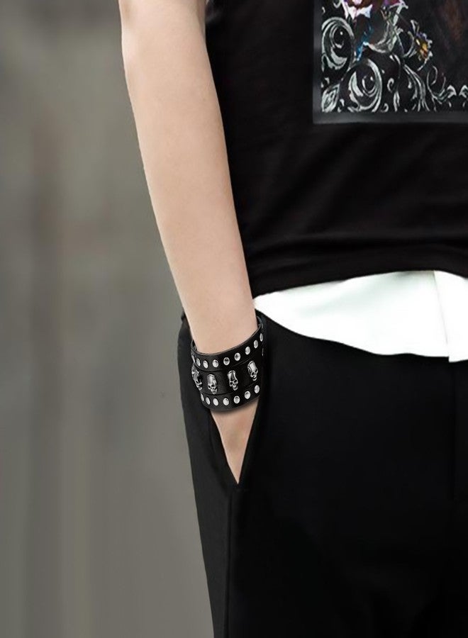 Cupimatch Punk Gothic Skull Rivet Wide Leather Bracelet Cuff Adjustable 7.5"- 8.7" for Father's Day - Image 2