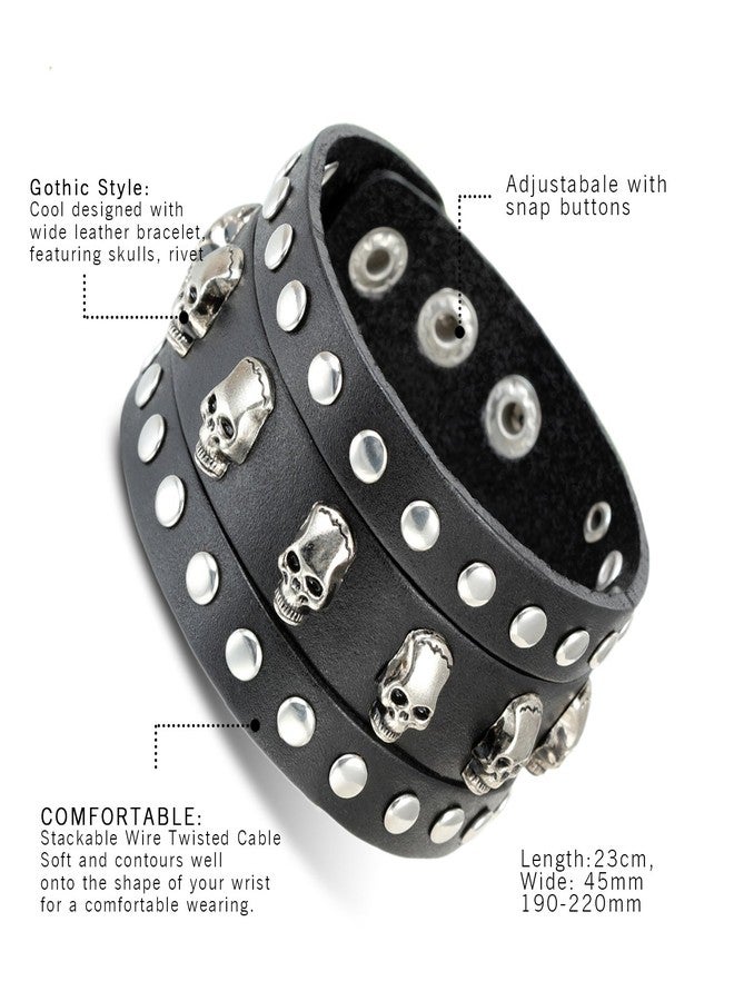 Cupimatch Punk Gothic Skull Rivet Wide Leather Bracelet Cuff Adjustable 7.5"- 8.7" for Father's Day - Image 3