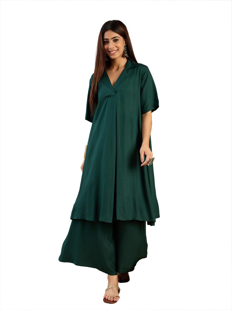 InWeave Women Dark Green Collaround Neck Kurta Set - Image 1