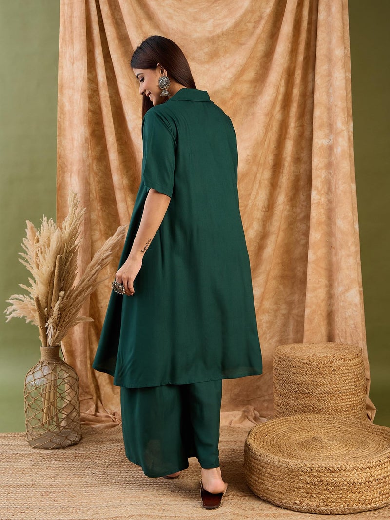 InWeave Women Dark Green Collaround Neck Kurta Set - Image 4