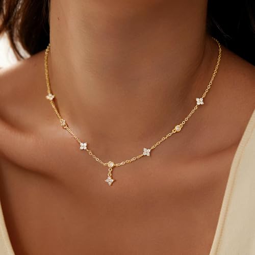 Yoosteel Easter Gifts for Womens Gold Clover Necklace - 14k Gold Plated Dainty Clover Cubic Zirconia Choker Necklace Station Pendant Necklaces for Women Trendy Wedding Prom Brides Jewelry Gift - Image 2