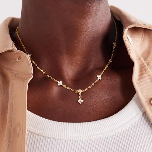 Yoosteel Easter Gifts for Womens Gold Clover Necklace - 14k Gold Plated Dainty Clover Cubic Zirconia Choker Necklace Station Pendant Necklaces for Women Trendy Wedding Prom Brides Jewelry Gift - Image 3