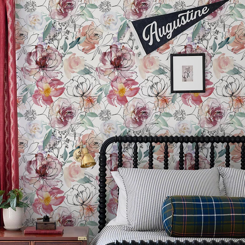 JiffDiff Floral Peel and Stick Wallpaper Pink Peony Wall Paper Nursery Watercolor Self Adhesive Wall Mural Stick on Paper(17.3"x 118") - Image 2
