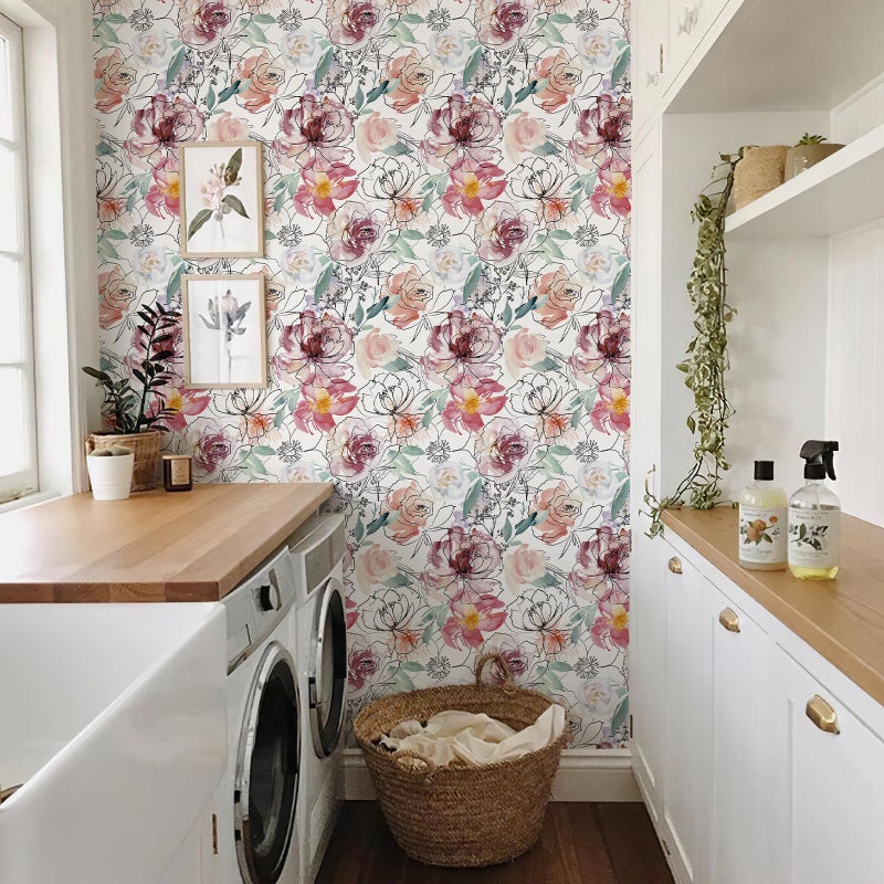 JiffDiff Floral Peel and Stick Wallpaper Pink Peony Wall Paper Nursery Watercolor Self Adhesive Wall Mural Stick on Paper(17.3"x 118") - Image 5