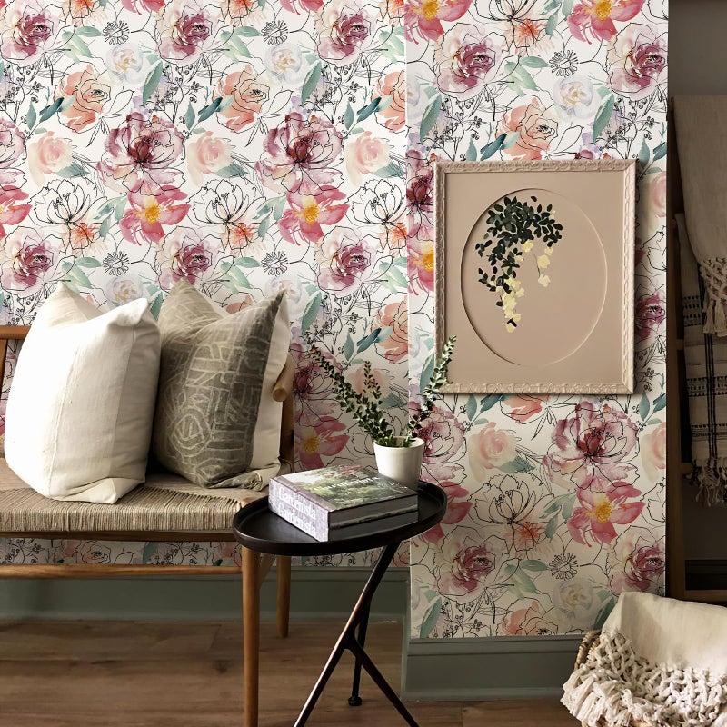 JiffDiff Floral Peel and Stick Wallpaper Pink Peony Wall Paper Nursery Watercolor Self Adhesive Wall Mural Stick on Paper(17.3"x 118") - Image 3