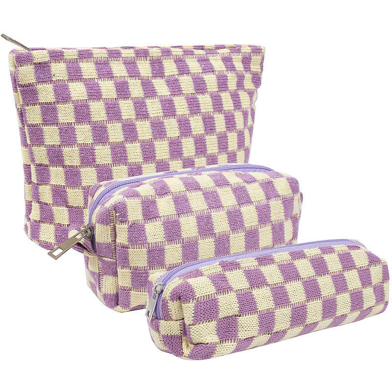 KOTORA 3 Pieces Makeup Bag Large Small Checkered Cosmetic Bag Capacity Canvas Travel Toiletry Bag Organizer Cute Makeup Brushes Aesthetic Accessories Storage Bag for Women Purple - Image 2