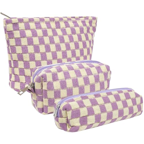 KOTORA 3 Pieces Makeup Bag Large Small Checkered Cosmetic Bag Capacity Canvas Travel Toiletry Bag Organizer Cute Makeup Brushes Aesthetic Accessories Storage Bag for Women Purple - Image 1