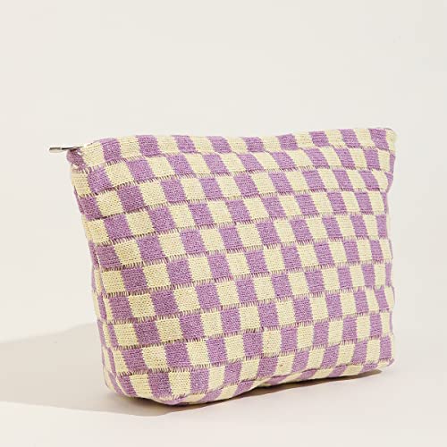 KOTORA 3 Pieces Makeup Bag Large Small Checkered Cosmetic Bag Capacity Canvas Travel Toiletry Bag Organizer Cute Makeup Brushes Aesthetic Accessories Storage Bag for Women Purple - Image 3