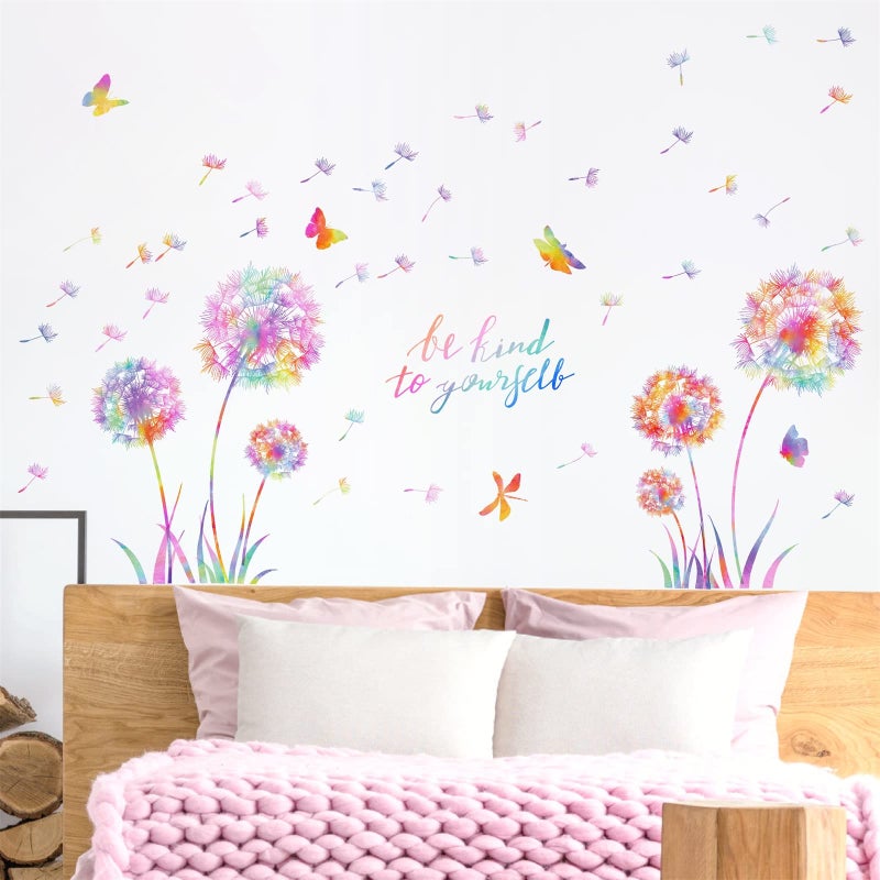 HATARU Large Dandelion Wall Decals Colorful Flower Wall Decals Peel and Sticks Wall Art Sticker Floral Butterflies Dragonfly Wall Murals Sticker Inspirational Wall Stickers for Girl Bedroom Living Room Decor - Image 2