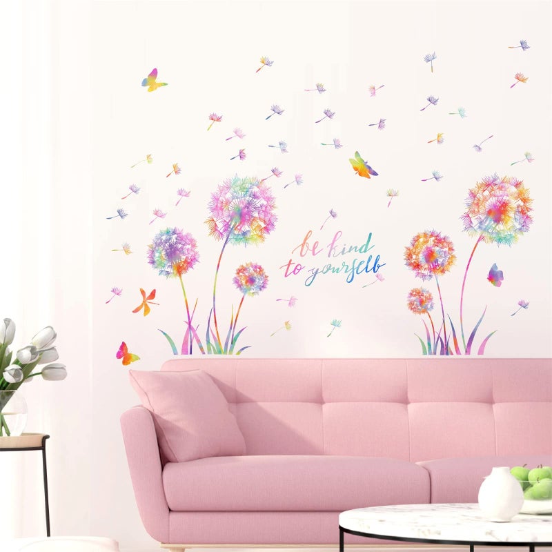 HATARU Large Dandelion Wall Decals Colorful Flower Wall Decals Peel and Sticks Wall Art Sticker Floral Butterflies Dragonfly Wall Murals Sticker Inspirational Wall Stickers for Girl Bedroom Living Room Decor - Image 4
