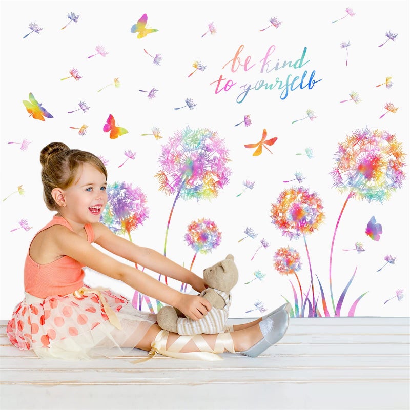 HATARU Large Dandelion Wall Decals Colorful Flower Wall Decals Peel and Sticks Wall Art Sticker Floral Butterflies Dragonfly Wall Murals Sticker Inspirational Wall Stickers for Girl Bedroom Living Room Decor - Image 3