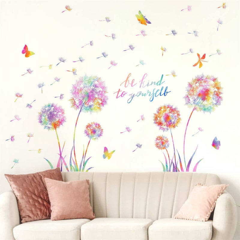 HATARU Large Dandelion Wall Decals Colorful Flower Wall Decals Peel and Sticks Wall Art Sticker Floral Butterflies Dragonfly Wall Murals Sticker Inspirational Wall Stickers for Girl Bedroom Living Room Decor - Image 1