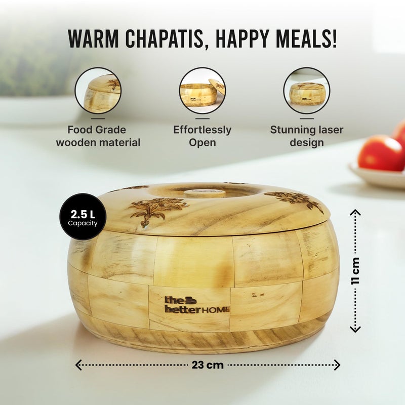 The Better Home المنزل الأفضل | صندوق شباتي خشبي للمطبخ (2.5 لتر) | دبا مع غطاء | كسرولة لتقديم الطعام | صندوق شباتي | تخزين (منقوش)  - Image 4