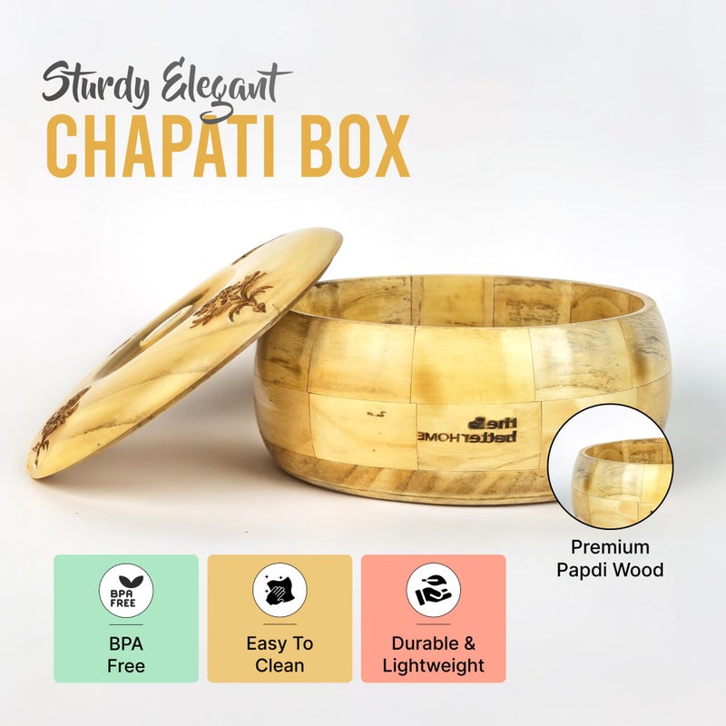 The Better Home المنزل الأفضل | صندوق شباتي خشبي للمطبخ (2.5 لتر) | دبا مع غطاء | كسرولة لتقديم الطعام | صندوق شباتي | تخزين (منقوش)  - Image 3