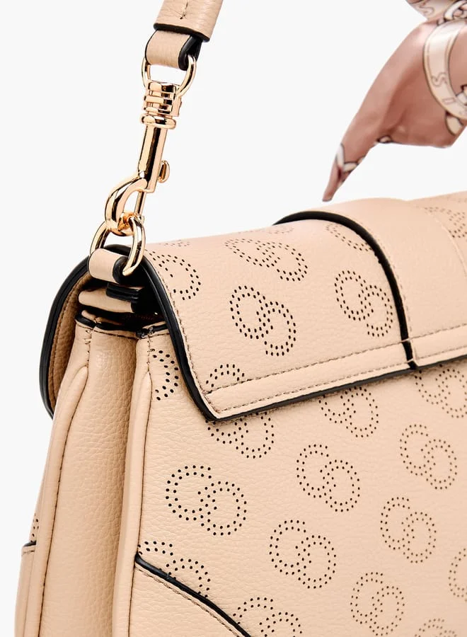 Celeste Women Monogram Print Satchel Bag with Detachable Strap and Flap Closure