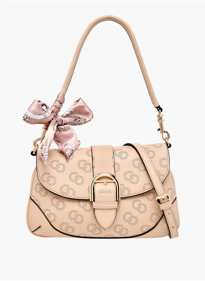 سيليست Women Monogram Print Satchel Bag with Detachable Strap and Flap Closure