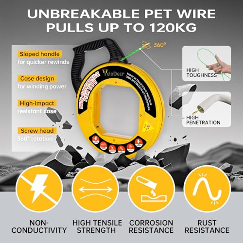 YeloDeer Non-Conductive Fish Tape Wire Puller 197 FT x 4.5 mm with Gloves and 7 Adapters, Flexible PET Wire Fishing Tools for Walls and Electrical Conduit, Rust-Proof - Image 2