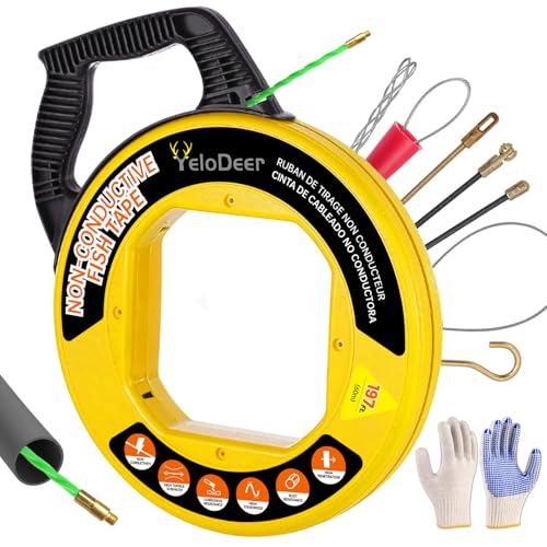 YeloDeer Non-Conductive Fish Tape Wire Puller 197 FT x 4.5 mm with Gloves and 7 Adapters, Flexible PET Wire Fishing Tools for Walls and Electrical Conduit, Rust-Proof - Image 1