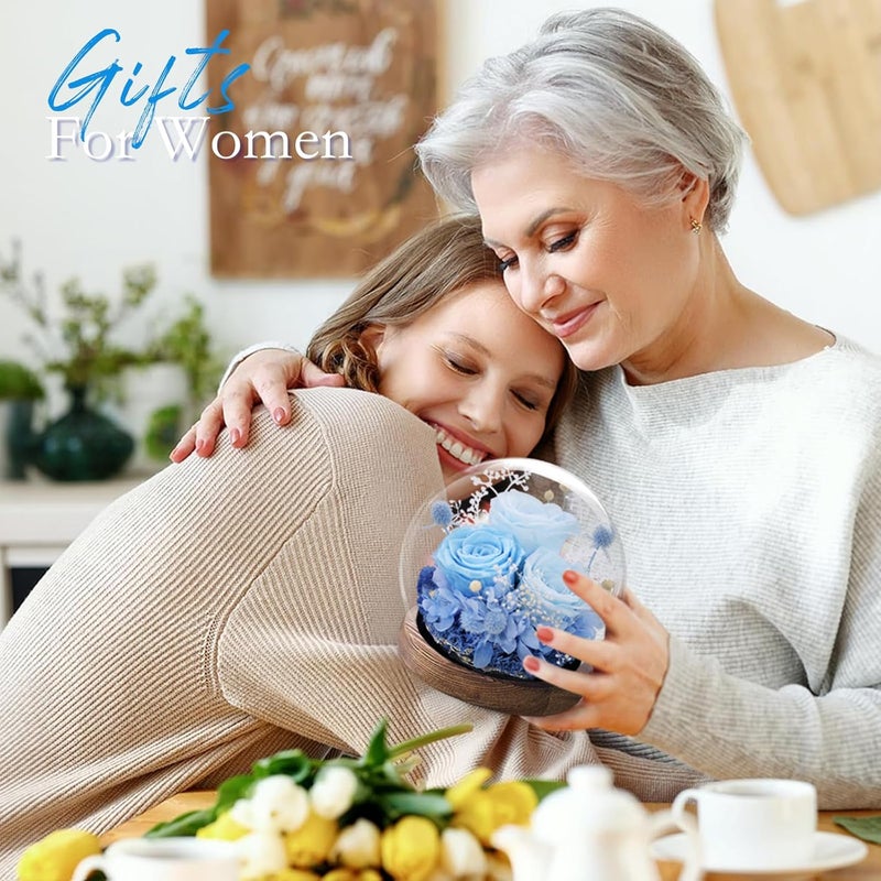 FIACO هدايا عيد الحب لها زهور محفوظة في قبة زجاجية ورود أبدية تدوم طويلاً هدايا عيد ميلاد للنساء الأم الجدة الزوجة الصديقة زهور زرقاء للأبد للتوصيل برايم - Image 4