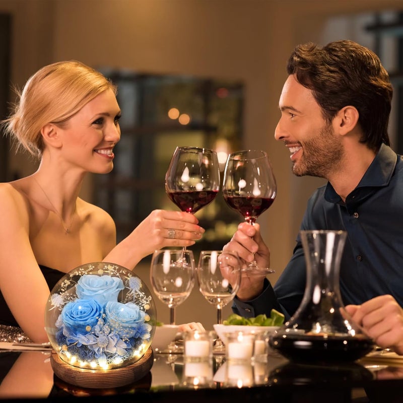 FIACO هدايا عيد الحب لها زهور محفوظة في قبة زجاجية ورود أبدية تدوم طويلاً هدايا عيد ميلاد للنساء الأم الجدة الزوجة الصديقة زهور زرقاء للأبد للتوصيل برايم - Image 5