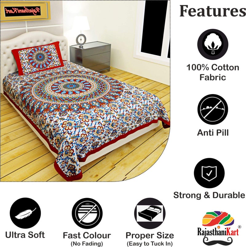 RajasthaniKart® Comfort Rajasthani Jaipuri Traditional Sanganeri Print 144 TC 100% Cotton Single Bedsheet with 1 Pillow Covers (Single, Red) - Image 2