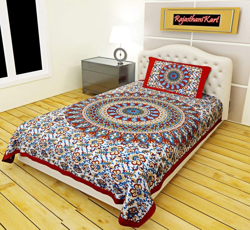 RajasthaniKart® Comfort Rajasthani Jaipuri Traditional Sanganeri Print 144 TC 100% Cotton Single Bedsheet with 1 Pillow Covers (Single, Red) - Image 5