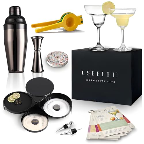 USEEKRIL Margarita Kit - Set of 2 Margarita Glasses (8.5oz), 3-Tier Salt Rimmer, Stainless Cocktail Shaker & Jigger, Coasters，Cocktails Cards，Citrus Squeezer and More - Margarita Kit Gift Set - Image 1