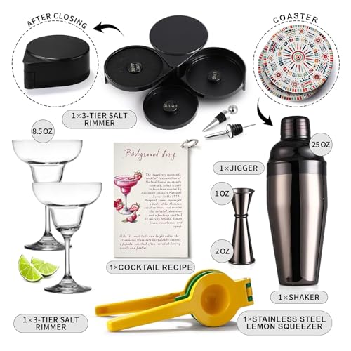 USEEKRIL Margarita Kit - Set of 2 Margarita Glasses (8.5oz), 3-Tier Salt Rimmer, Stainless Cocktail Shaker & Jigger, Coasters，Cocktails Cards，Citrus Squeezer and More - Margarita Kit Gift Set - Image 2