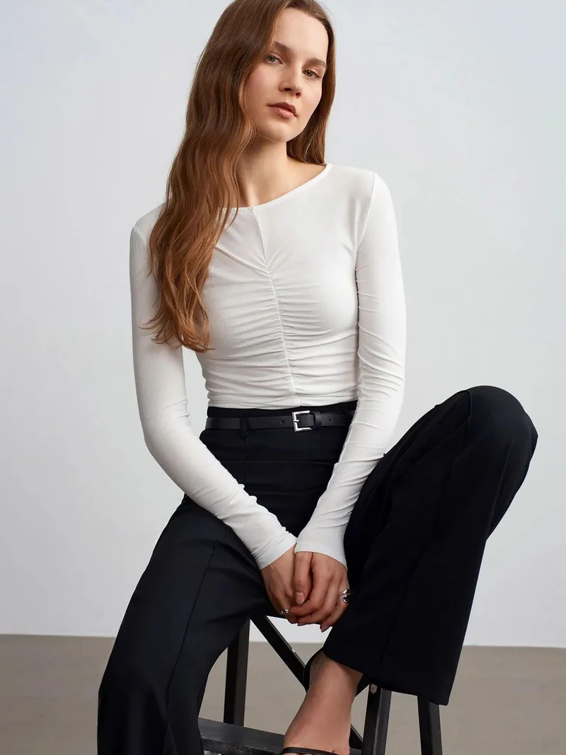 ديلفين DILVIN Slim Fit Boat Neck Long Sleeve Blouse