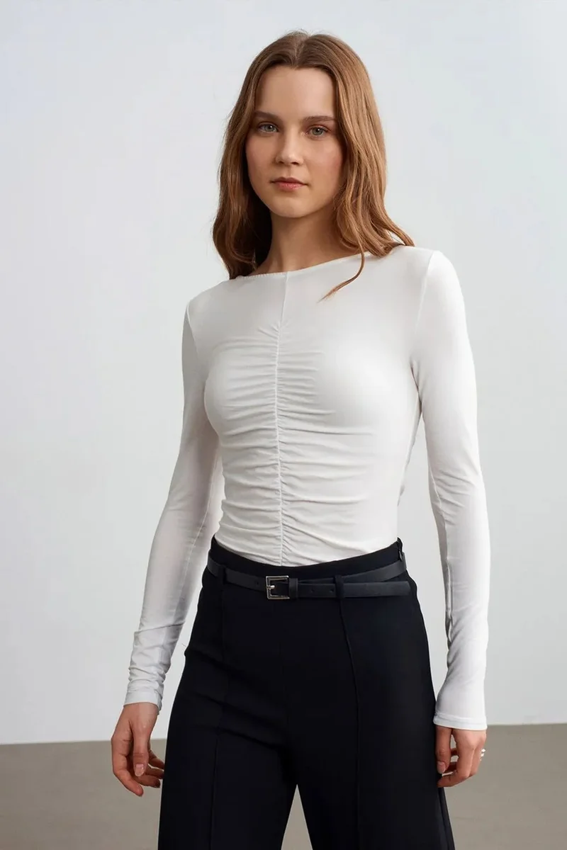 Dilvin White DILVIN Slim Fit Boat Neck Long Sleeve Blouse for Women | Best Price UAE