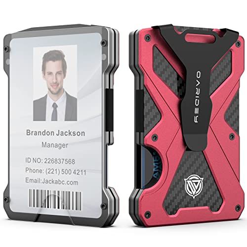 Oaridey Minimalist Wallet for Men- Slim Aluminum Metal Money Clip Wallet with Clear ID Card Holder, Carbon Fiber Wallet, RFID Blocking,Holds up 15 Cards with Cash Clip,Ultra-Thin Tactical Wallet- Red - Image 1