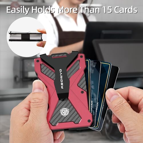 Oaridey Minimalist Wallet for Men- Slim Aluminum Metal Money Clip Wallet with Clear ID Card Holder, Carbon Fiber Wallet, RFID Blocking,Holds up 15 Cards with Cash Clip,Ultra-Thin Tactical Wallet- Red - Image 4