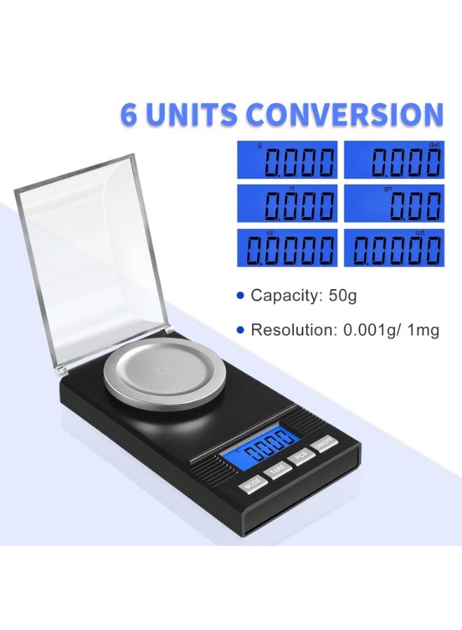 Milligram Scale 50g/0.001g, Portable Jewelry Scale .001 Gram Accuracy, Mg Scale, Powder Scale, Microgram Scale, Milligram Scale for Powder Medicine with Tray/Tweezers/Calibration Weight - Image 2