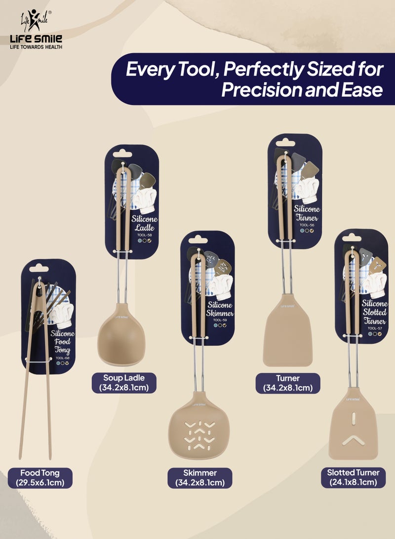 Life Smile Lifesmile Silicone Kitchen Utensils Set (5-Piece) | Ladle, Turner, Slotted Turner, Skimmer & Food Tong | Heat-Resistant - Image 2