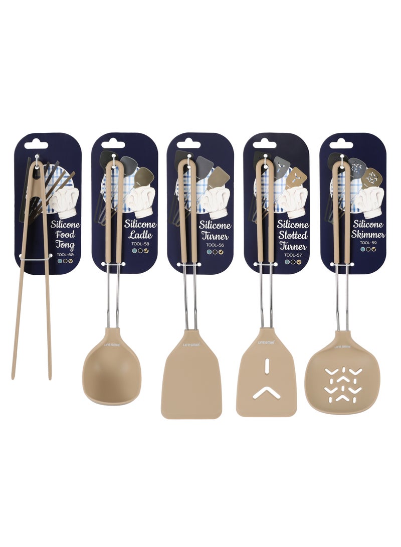 Life Smile Lifesmile Silicone Kitchen Utensils Set (5-Piece) | Ladle, Turner, Slotted Turner, Skimmer & Food Tong | Heat-Resistant - Image 1