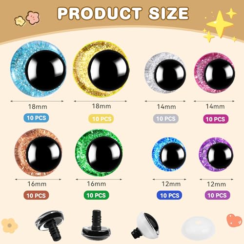 KIGEAPUEL 160PCS Large Safety Eyes for Amigurumi 3D Glitter Crochet Doll with Washers for DIY Puppets Bear Crafts Animals Amigurumi Making Supplies(12-18mm) - Image 2