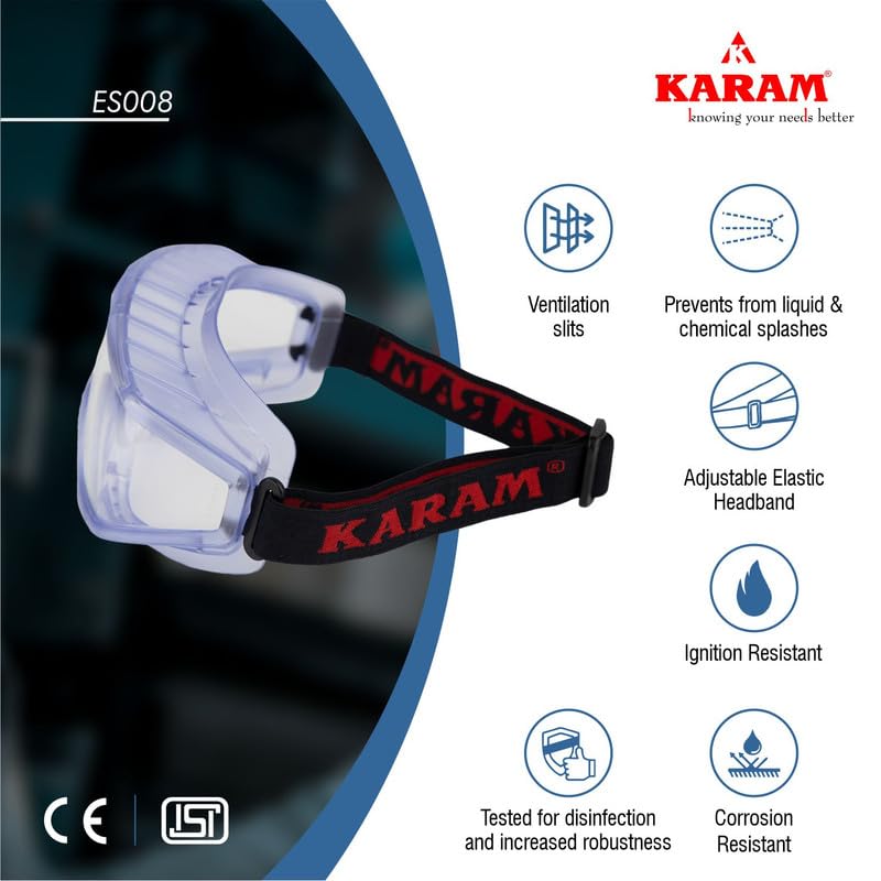 Karam ES008 Chemical Splash Safety Goggles | Safety Glasses for Multipurpose Use for Laboratory, Chemical & Construction Work | Lightweight Design - Image 4
