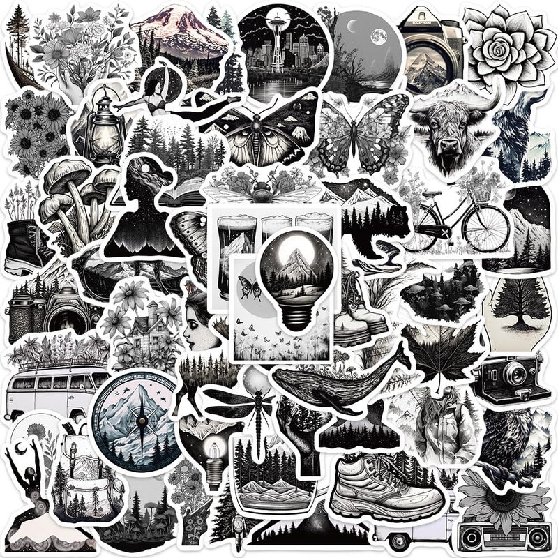 Pigbit 60Pcs Black White Outdoor Travel Nature Stickers - Vinyl Waterproof Forest Wildlife Camping Stickers for Water Bottles,Laptops,Scrapbooks,Luggage - Image 1