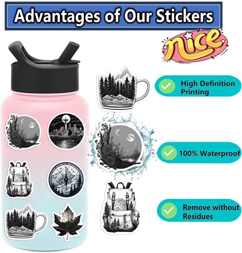 Pigbit 60Pcs Black White Outdoor Travel Nature Stickers - Vinyl Waterproof Forest Wildlife Camping Stickers for Water Bottles,Laptops,Scrapbooks,Luggage - Image 5