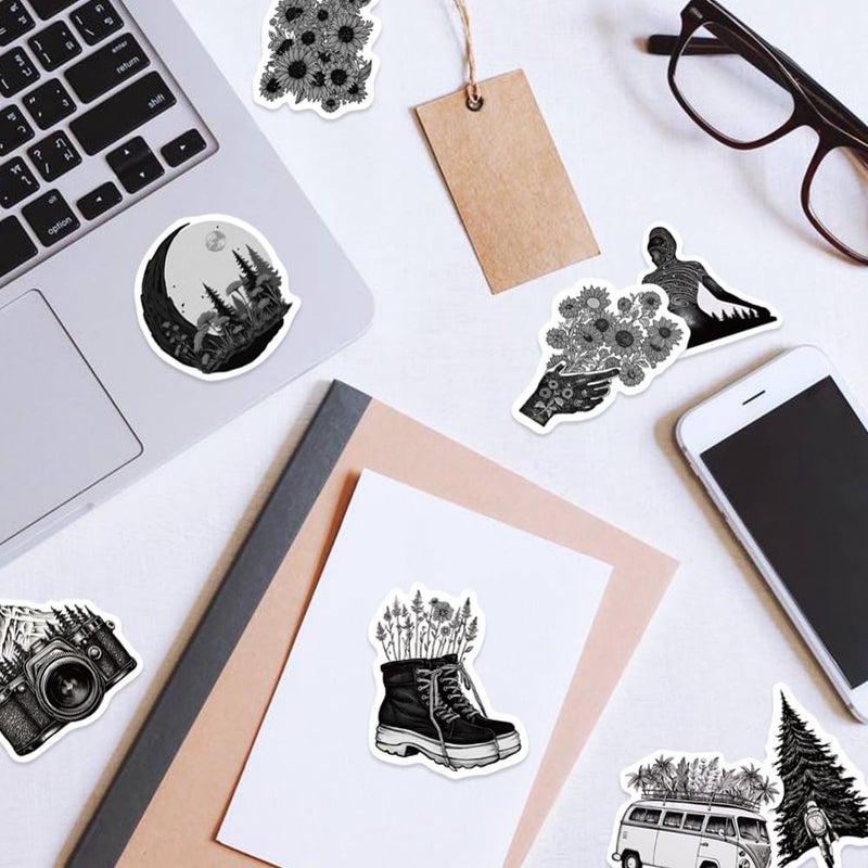 Pigbit 60Pcs Black White Outdoor Travel Nature Stickers - Vinyl Waterproof Forest Wildlife Camping Stickers for Water Bottles,Laptops,Scrapbooks,Luggage - Image 4