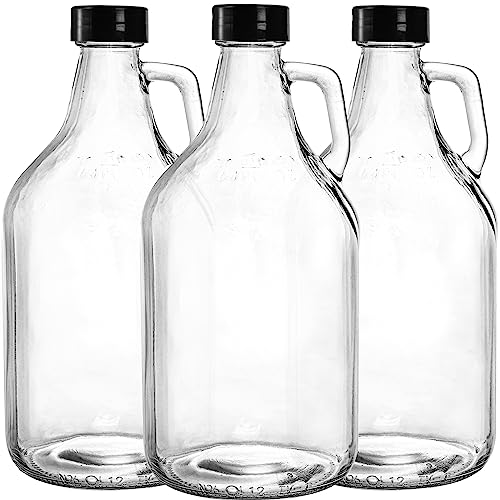 ZEAYEA 3 Pack Glass Growlers 64 oz Clear Glass Jug Half Gallon Jugs with Seal Cap and Handle for Beer Home Brewing Kombucha Distilled Water