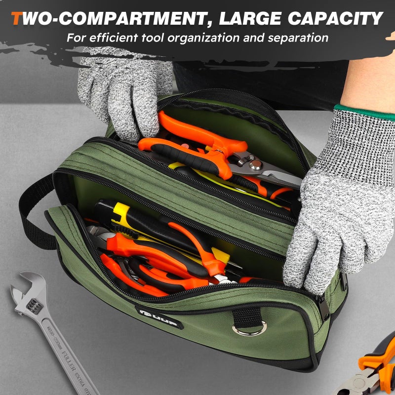 UUP 12" Small Tool Bag 2 Pack, Zipper Tool Pouch 2 Compartments, Utility ToolBag with Carrying Handle, Toolbox Organization, Screwdriver Storage Tool Box, Electrician Mechanic Men Dad Gifts, Orange/Green - Image 2