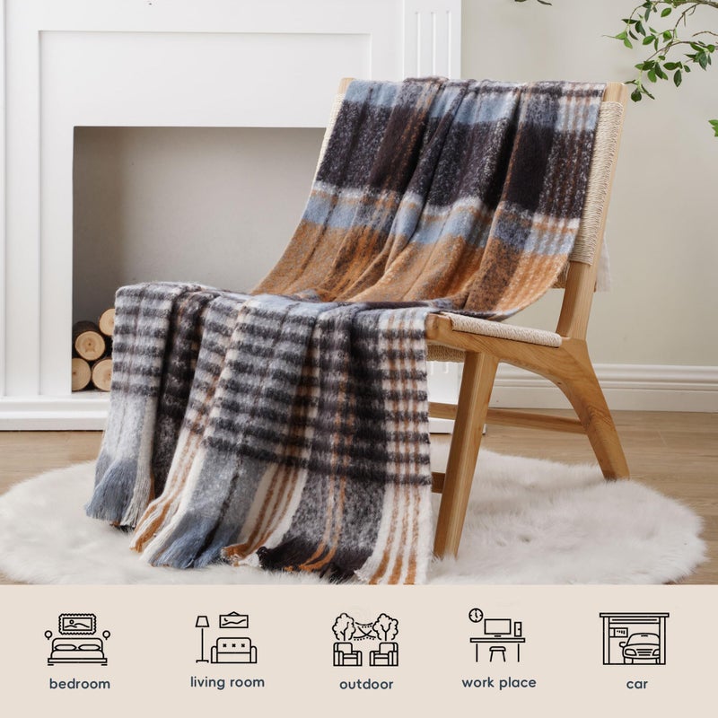 BATTILO Plaid Throw Blanket for Couch Bed, Soft Mohair Tartan Plaid Blanket, Farmhouse Style Checkered Pattern, Bluish Grey Throw Blankets for Home Decor(50"x60") - Image 4
