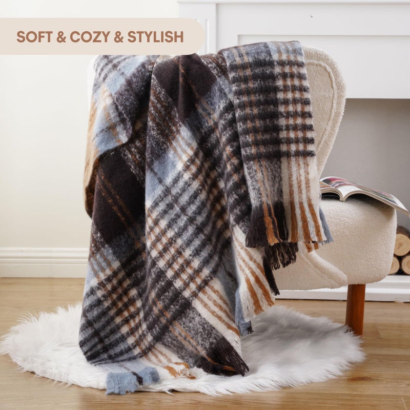 BATTILO Plaid Throw Blanket for Couch Bed, Soft Mohair Tartan Plaid Blanket, Farmhouse Style Checkered Pattern, Bluish Grey Throw Blankets for Home Decor(50"x60") - Image 2