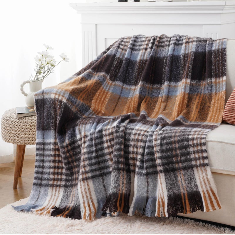 BATTILO Plaid Throw Blanket for Couch Bed, Soft Mohair Tartan Plaid Blanket, Farmhouse Style Checkered Pattern, Bluish Grey Throw Blankets for Home Decor(50"x60") - Image 1